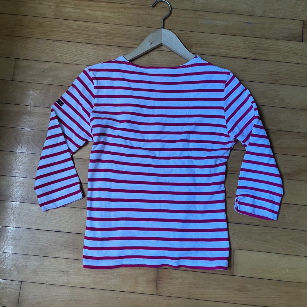 Armor Lux Breton Striped Shirt Pink White 100% Cotton Boat Neck 3/4 Sleeve Top